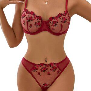 Sexy Floral Embroidered Flower Mesh Underwire Push Up Lingerie Set
